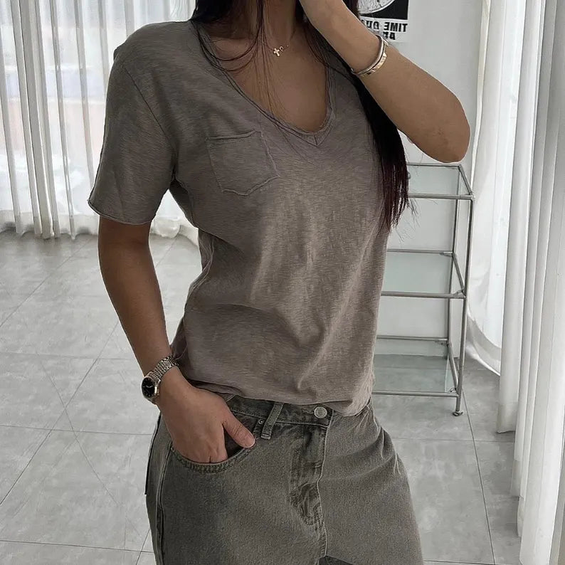 Women's Vintage Slub Cotton V-Neck Tee - Casual Lightweight Pocket T-Shirt