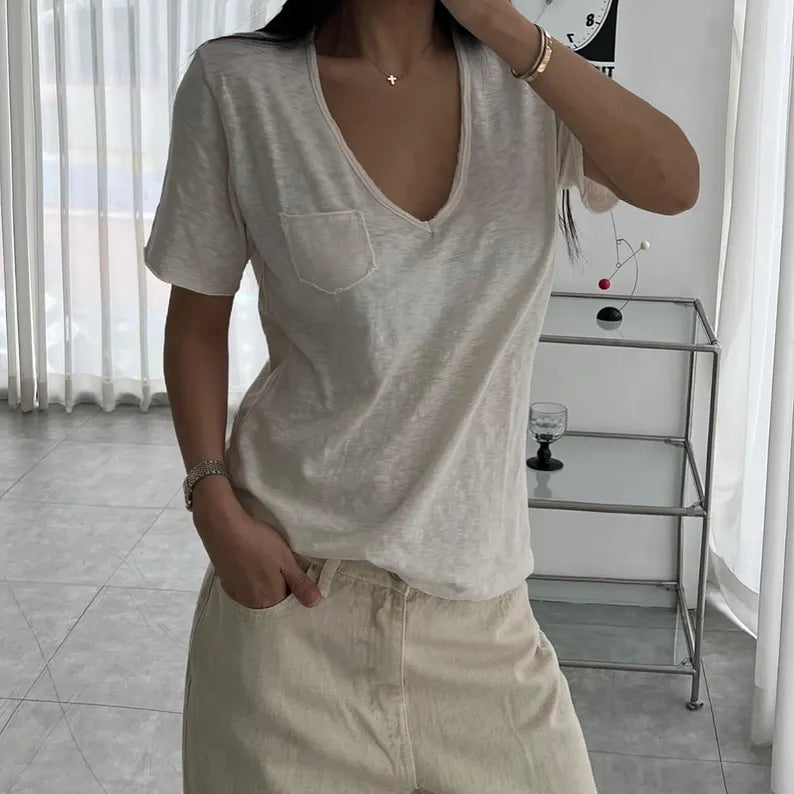 Women's Vintage Slub Cotton V-Neck Tee - Casual Lightweight Pocket T-Shirt