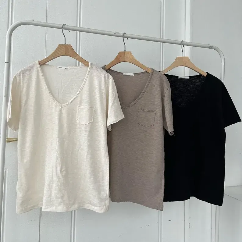 Women's Vintage Slub Cotton V-Neck Tee - Casual Lightweight Pocket T-Shirt