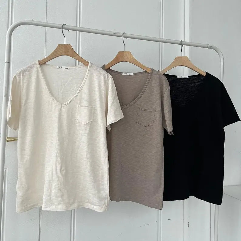 Women's Vintage Slub Cotton V-Neck Tee - Casual Lightweight Pocket T-Shirt