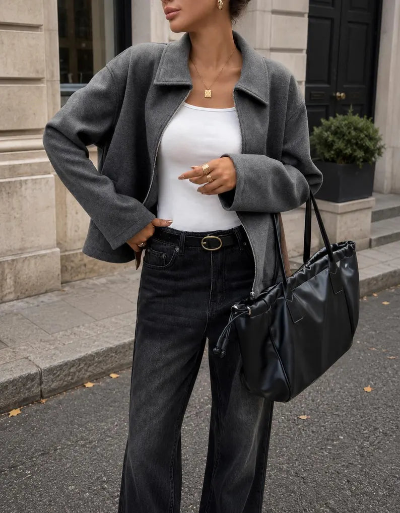 Women’s Oversized Wool-Blend Zip Jacket – Lightweight Fall Streetwear Coat