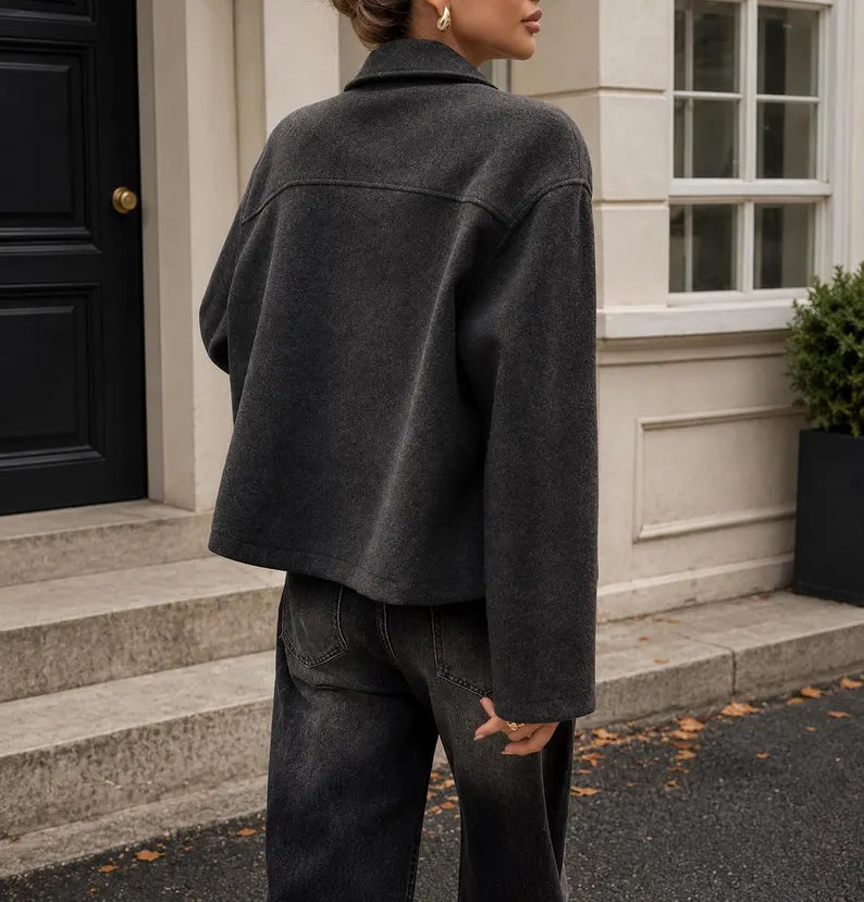 Women’s Oversized Wool-Blend Zip Jacket – Lightweight Fall Streetwear Coat