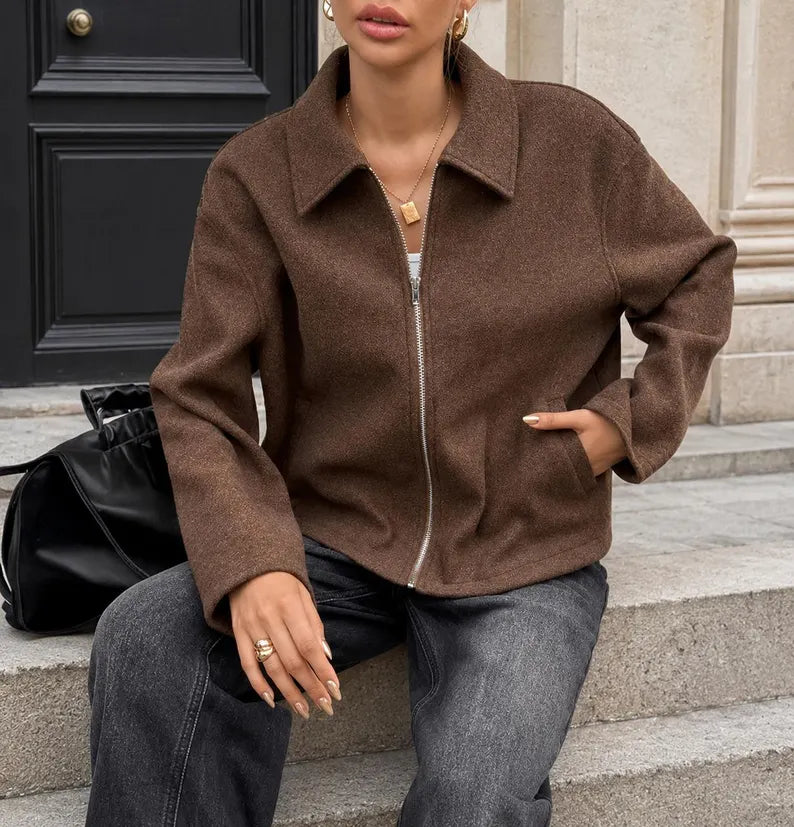 Women’s Oversized Wool-Blend Zip Jacket – Lightweight Fall Streetwear Coat