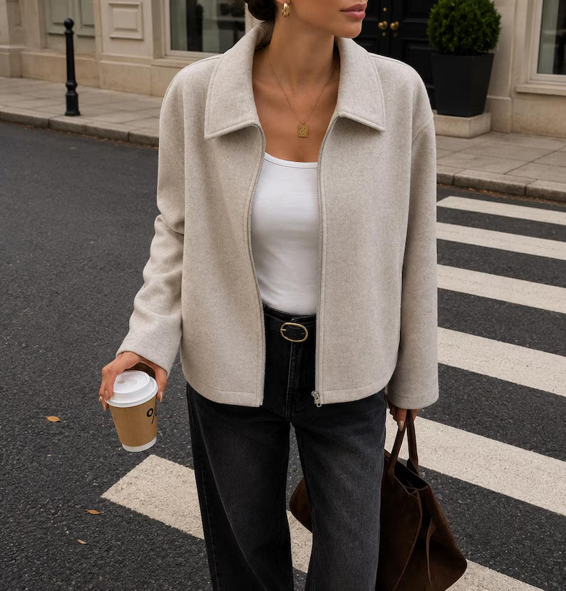 Women’s Oversized Wool-Blend Zip Jacket – Lightweight Fall Streetwear Coat